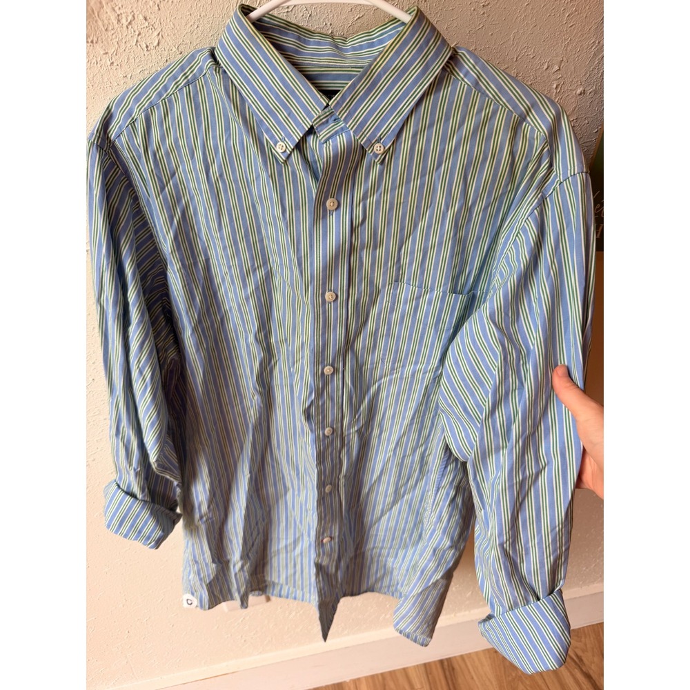 Cremieux Classics Mens Large Blue Green Striped Button Down Shirt Long Sleeve